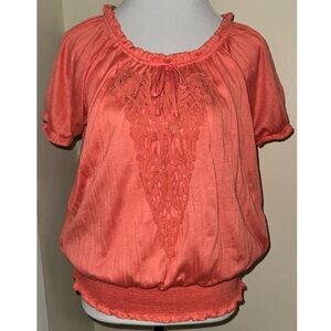 Boho Peasant Crochet Lace Front Short Sleeve Elastic Waist Top, Sz L